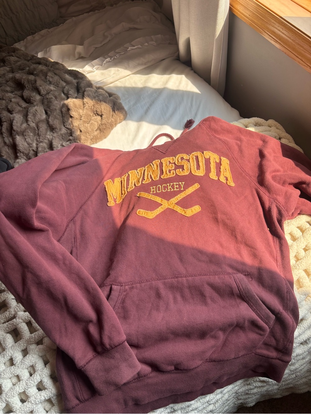 Blue 84 Maroon Crewneck with Yellow Minnesota Hockey Graphic